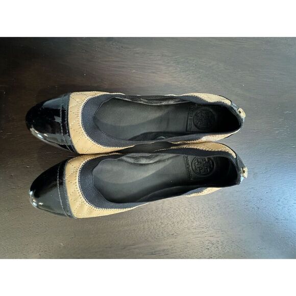 Tory Burch Bridgette Honeywheat Black Leather Quilted Cap Toe Ballet Flats 8.5 M - Picture 5 of 5